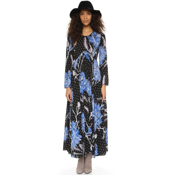 Free People Women's First Kiss Maxi Dress Botanical Night Long Sleeve Flowy M - Picture 1 of 11